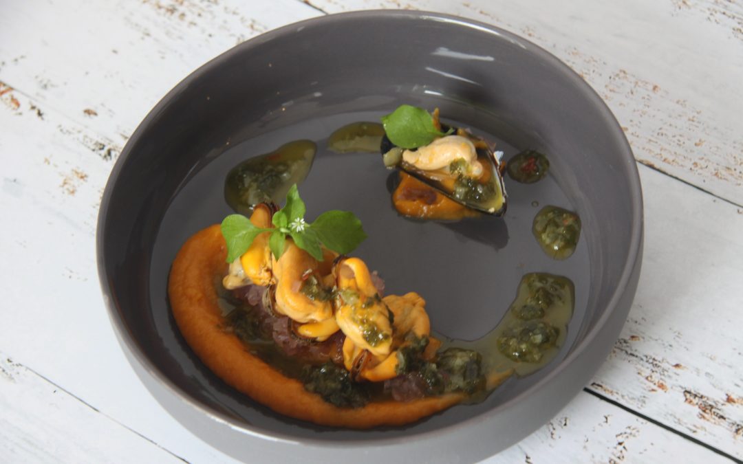 Zeeuwse mossel met pompoen puree en chimichurrie